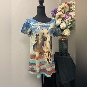 R•Rouge USA Cotton Tee - Wild Horses & Americana Vibe Short Sleeve Tee size L